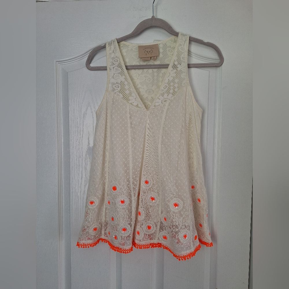Cream Crochet Tank Top with Neon Orange Trim - Picture 2 of 9